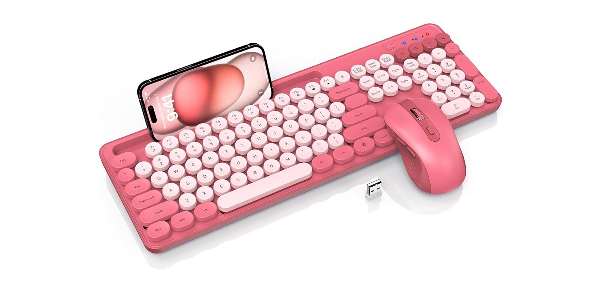 Trueque Wireless Keyboard and Mouse Combo with Retro Round Keycaps and Phone Holder