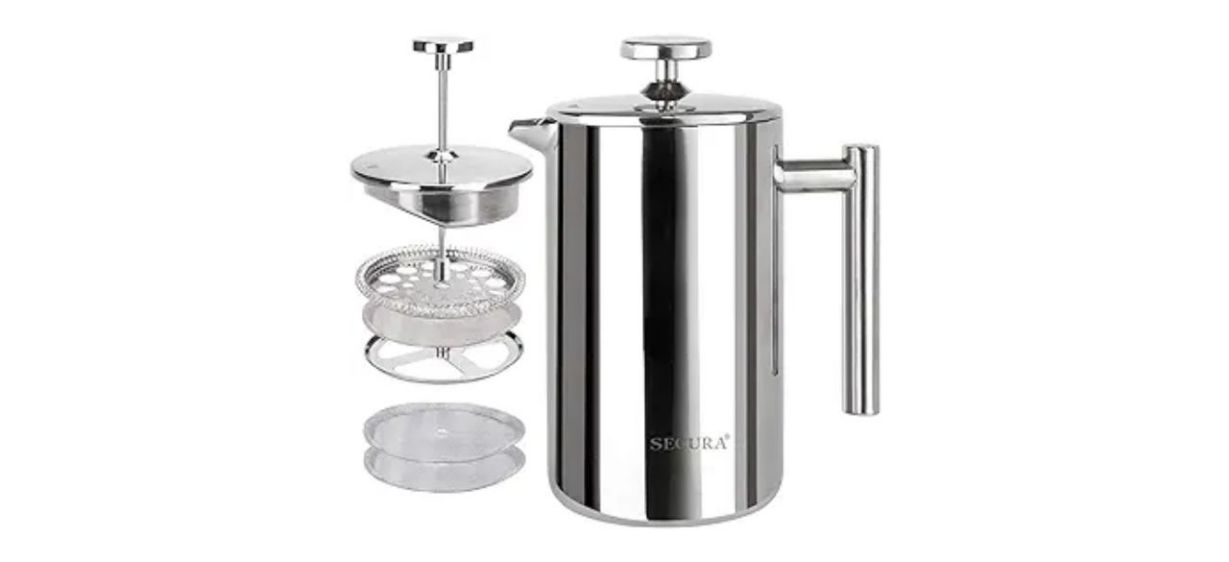 Secura French Press Coffee Maker on white background shown next to its filter screens