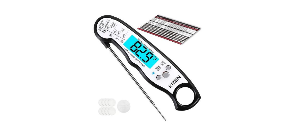 Kizen Digital Meat Thermometer, shown with box, meat temperature chart and batteries