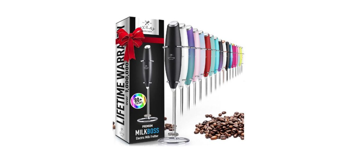 Zulay Original Milk Frother displayed in different colors next to a pile of coffee beans