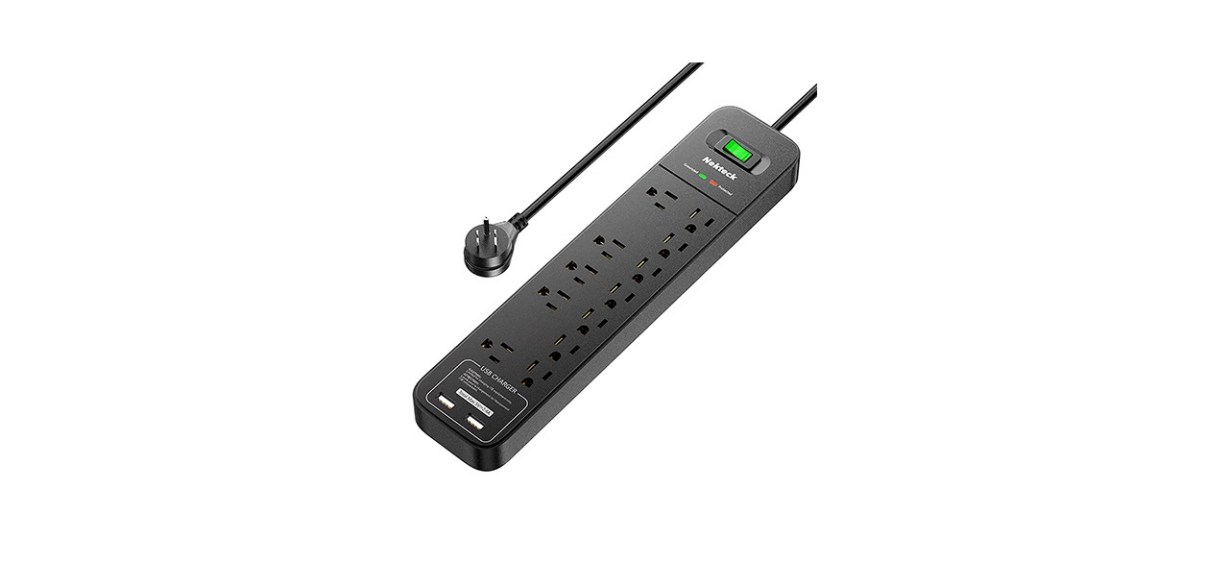 Nekteck Flat Plug Surge Protector with 2 USB Port and 12 AC Outlet