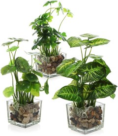 MyGift Artificial Plants With Clear Glass Pots