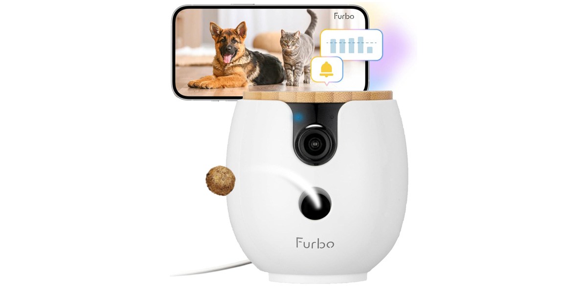 Furbo Mini 360° New 2K QHD Pet Camera with treat coming out of it