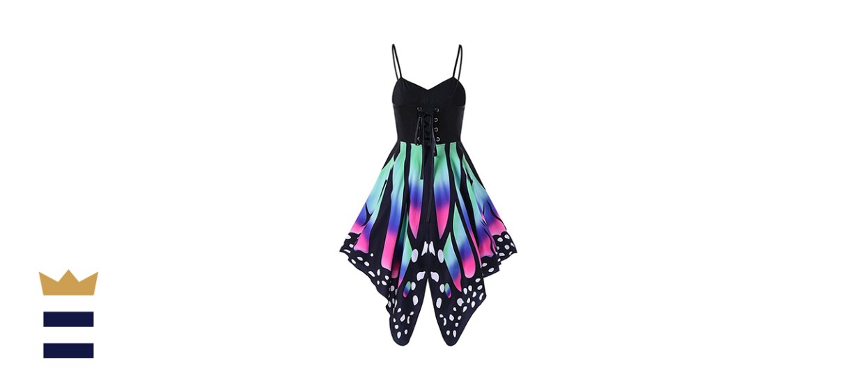 Aro Lora Women's Butterfly Printed Lace Up High Waist A-Line Irregular Swing Dress