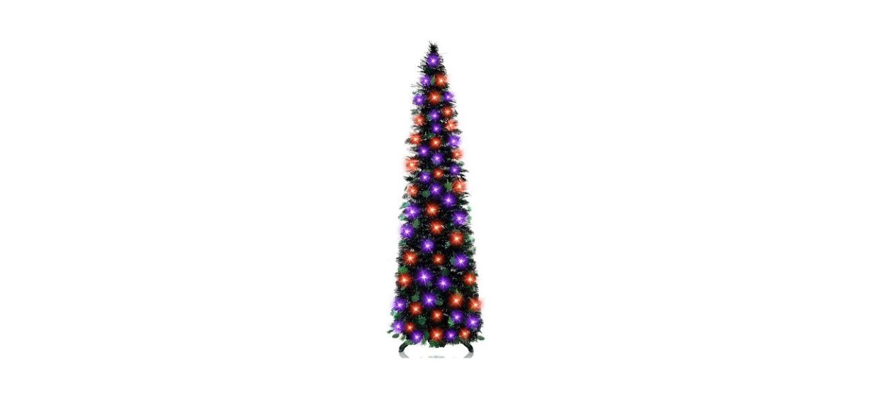 artificial evergreen tree decorated with purple and orange lights