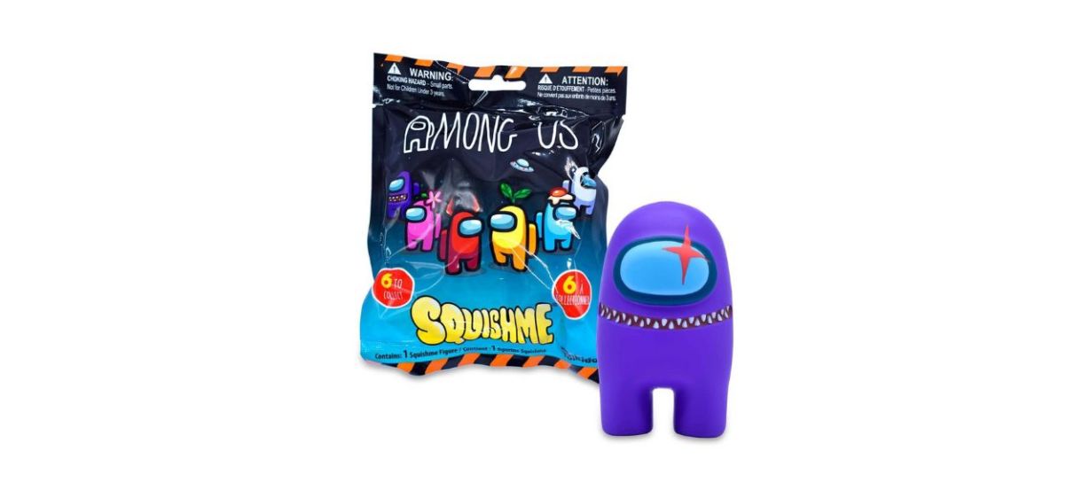 purple squishy Among Us plush toy next to bag showing other designs