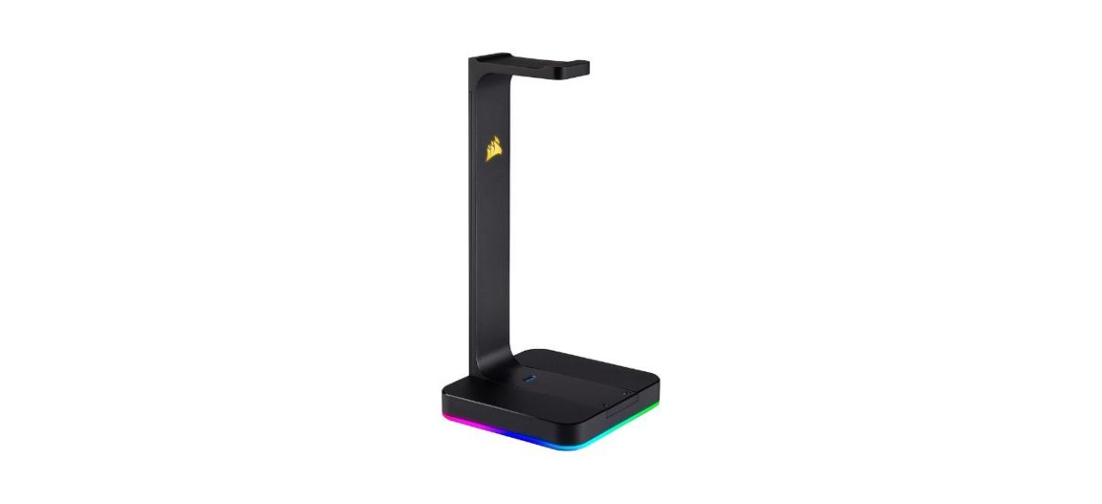 Corsair ST100 Premium Headset Stand in black with multicolored lights on the bottom