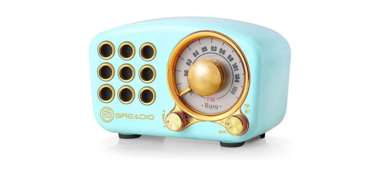 Greadio Retro Bluetooth Speaker in a light aqua color with gold accents