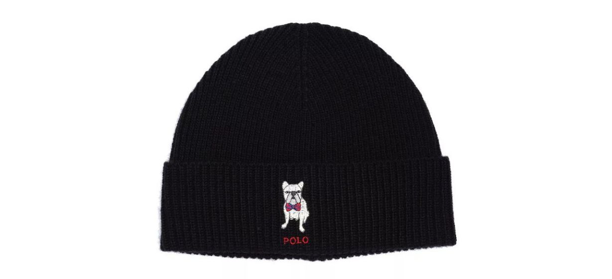   Polo Ralph Lauren Men's Embroidered Frenchie Beanie in black, embroidered with a white french bulldog wearing a bowtie