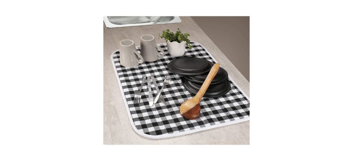 Buffalo Plaid Dish Drying Mat, Black White Checkered Drying Mat