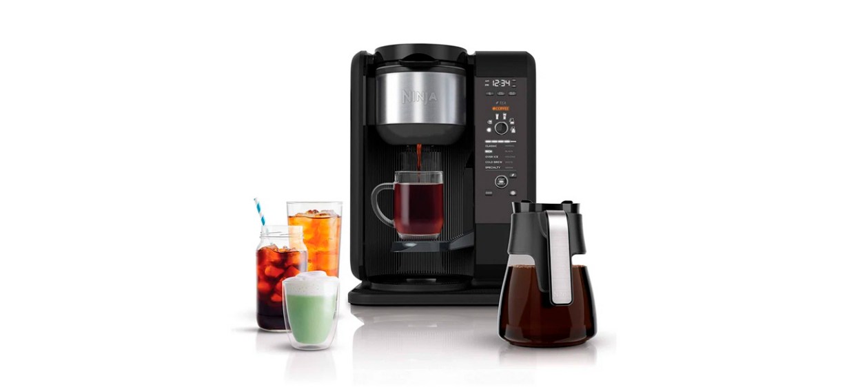 Ninja Hot &amp; Cold Brewed System Tea and Coffee Maker with several beverages nearby