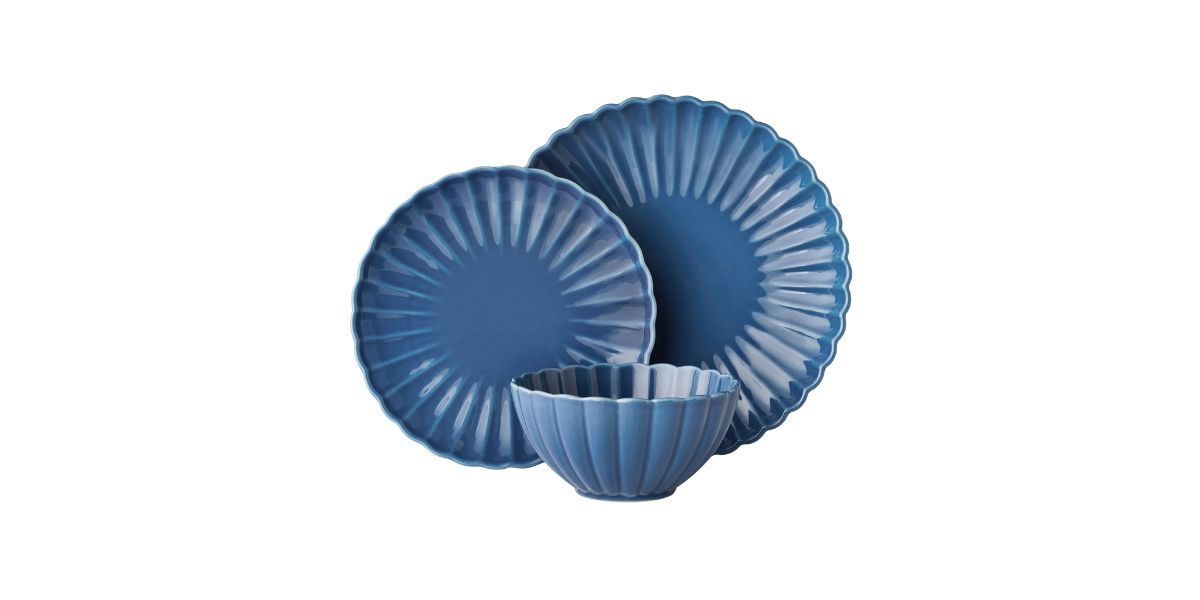 The Pioneer Woman Colette Scallop Blue 12-Piece Stoneware Dinnerware Set