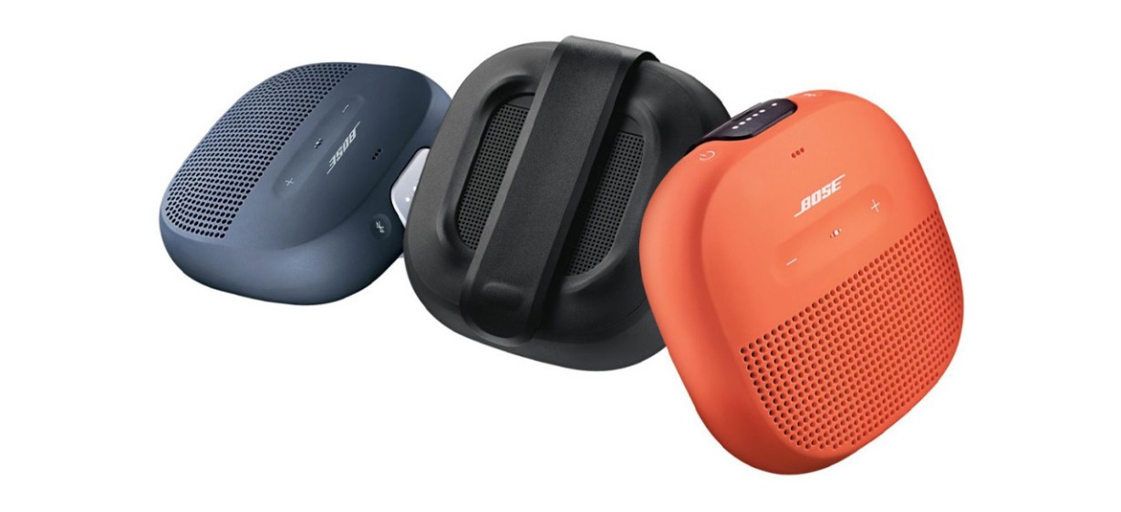 Blue, black and orange Bose SoundLink Micro Portable Bluetooth Speakers on white background