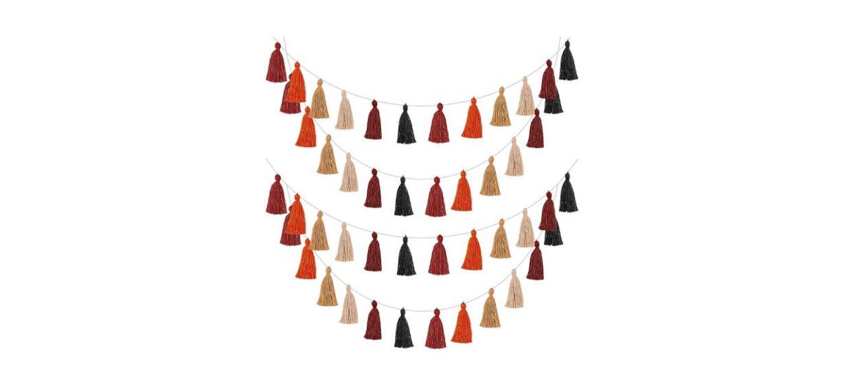 A garland of red, orange, gold, beige and black tassels.