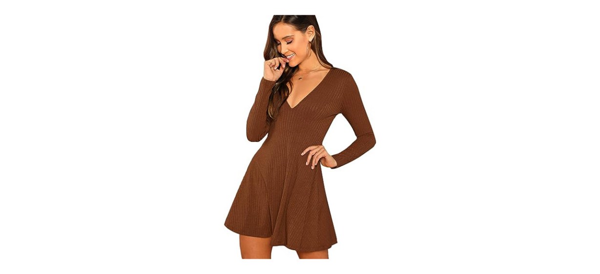 Verdusa Women's Long Sleeve Ribbed Skater Dress