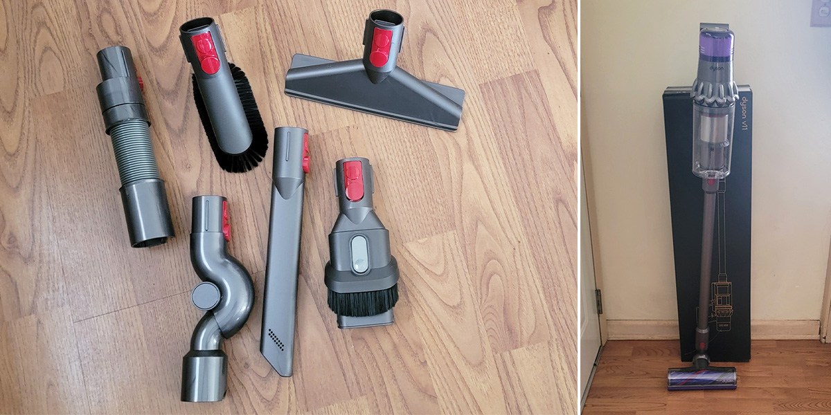 Collage with Dyson accessories on one side and Dyson V11 Extra on the other