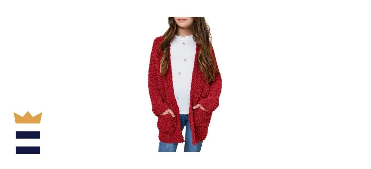 Imily Bela Girls Cardigan Open Front Popcorn Knit Long Sleeve Sweaters