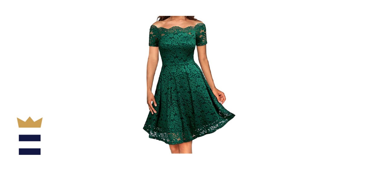 MISSMAY Women's Vintage Floral Lace Short Sleeve Boat Neck Cocktail Party Swing Dress