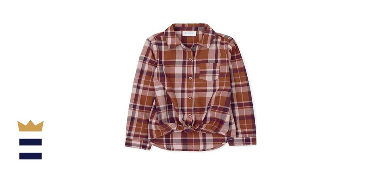 The Children's Place Girls' Long Sleeve Plaid Twill Tie Front Button-Down Shirt