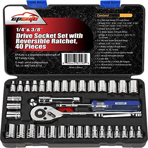 EPAuto 1/4-Inch &amp; 3/8-Inch Drive Socket Set with Reversible Ratchet, 40 Pieces